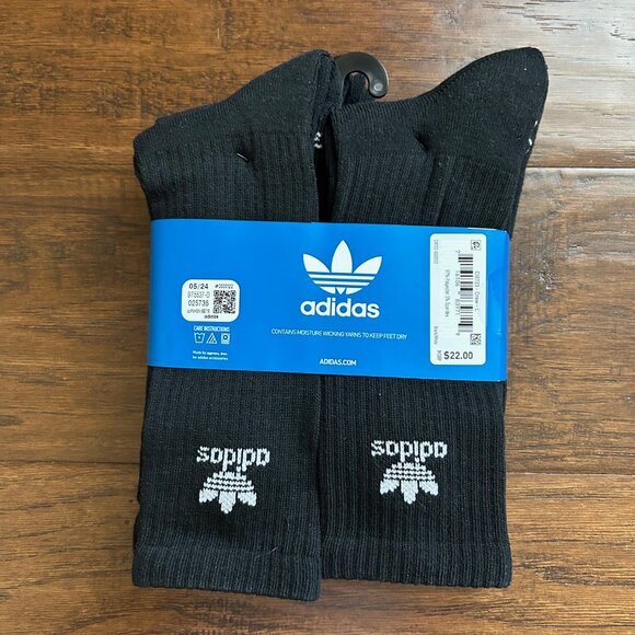Adidas trefoil mens 6 pair black crew socks NEW in pack - Picture 2 of 3